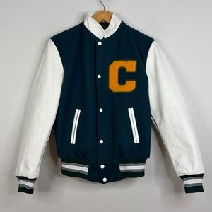Vintage Varsity Jacket Mens Small Dark Green Wool White Leather Letterman Bomber